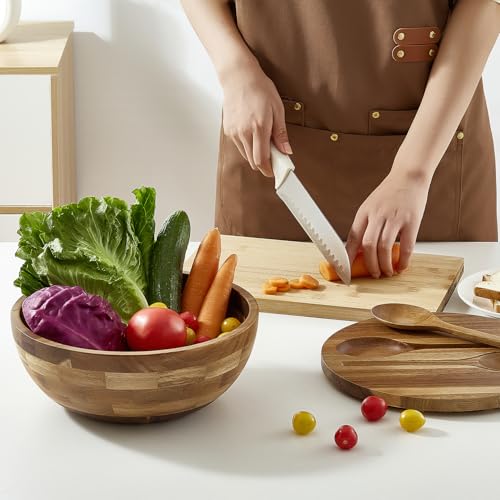 JOYMAY Salad Bowls Wood Salad Bowl Set with Lid Acacia Wood Serving Bowl for Fruits or Salads 10.5" Large Serving Bowl with Serving Utensils, 4 Piece Wooden Mixing Bowl Set for Kitchen, Picnic - color: 10.5in wood salad bowl