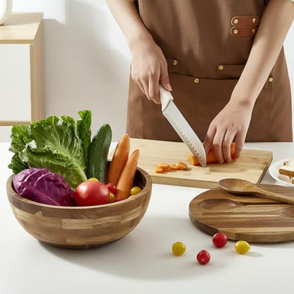 JOYMAY Salad Bowls Wood Salad Bowl Set with Lid Acacia Wood Serving Bowl for Fruits or Salads 10.5" Large Serving Bowl with Serving Utensils, 4 Piece Wooden Mixing Bowl Set for Kitchen, Picnic - color: 10.5in wood salad bowl