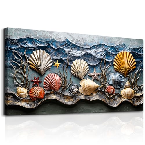 Lapremoly Abstract Wall Art for Bedroom-Bathroom Wall Decor Ocean Teal Textured Painting Canvas Picture for Living Room Kitchen Office Shells Starfish Modern Nautical Decoration Ready to Hang 20x40 - color: Shell Painting, size: 40"L x 20"W