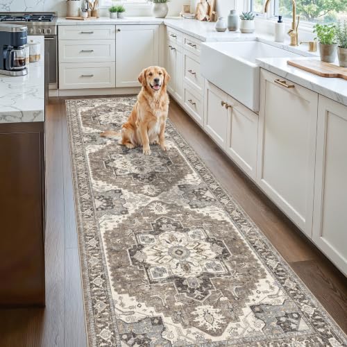 Washable Kitchen 3x8 Runner Rug - 3x8 Hallway Rug Distressed Mats Non-Slip Soft Room Floor Carpet for Dining Room (Beige,3x8) - color: Beige, size: 3' x 8' (Runner)