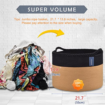 COMSE XXXLarge Woven Blanket & Laundry Basket, 87L, Black & Camel | 21.7" x 13.8", Cotton Rope, Nursery Hamper for Storage of Toys Clothes Towels, Ideal for Living Room Bedroom Bathroom - color: Black & Camel