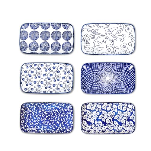 Selamica Rectangular Salad Plates, 7.1 Inch Dessert Plates Ceramic, Small Plates for Appetizer, Snack, Sushi, Fruit, Set of 6, Vintage Blue - color: Vintage Blue, size: 7.1 Inch