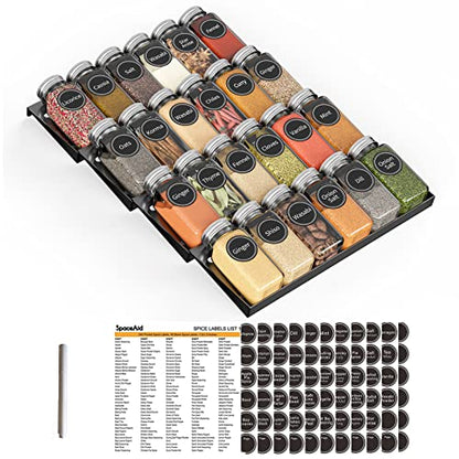 SpaceAid Spice Drawer Organizer with 24 Spice Jars, 386 Spice Labels, 4 Tier Seasoning Rack Tray Insert for Kitchen Drawers, 11.25" Wide x 17.5" Deep - size: 24 Jars, 11.25" Wide