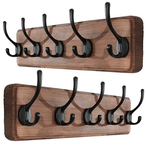 SKOLOO Rustic Wall Mounted Coat Rack, Case of 2, Pine Solid Wood Coat Hook Hanger - 5 Hooks for Hanging Clothes Robes Towels Coats - color: Brown Plate & Black Hook, size: 2 Item-5 Hooks