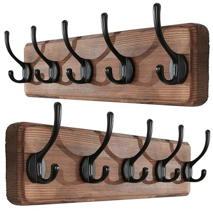 SKOLOO Rustic Wall Mounted Coat Rack, Case of 2, Pine Solid Wood Coat Hook Hanger - 5 Hooks for Hanging Clothes Robes Towels Coats - color: Brown Plate & Black Hook, size: 2 Item-5 Hooks