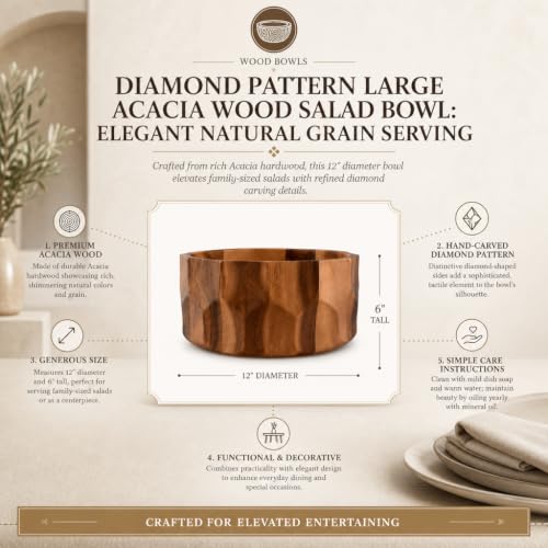 Arthur Court Large Diamond Pattern Acacia Wood Salad Serving Bowl - Modern Centerpiece for Fruits or Salads - 12" Diameter 6" Tall - size: Diamond