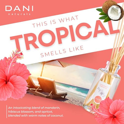 DANI Naturals Coconut Hibiscus Reed Diffuser Set, Vegan, 3 fl oz | Vegan,alcohol-free reed diffuser,Continuous fragrance with natural reeds,Tropical coconut hibiscus scent,Made in USA