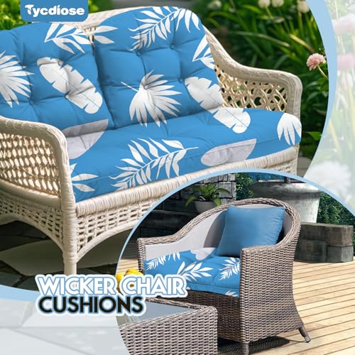All Weather 3 Piece Wicker Furniture Chair Cushions, Waterproof Outdoor Wicker Chair Cushion for Patio Furniture Loveseat Settee Bench, 1 Loveseat and 2 U-Shaped Thickened Cushions, Blue Leaf - color: Blue Leaves