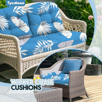 All Weather 3 Piece Wicker Furniture Chair Cushions, Waterproof Outdoor Wicker Chair Cushion for Patio Furniture Loveseat Settee Bench, 1 Loveseat and 2 U-Shaped Thickened Cushions, Blue Leaf - color: Blue Leaves