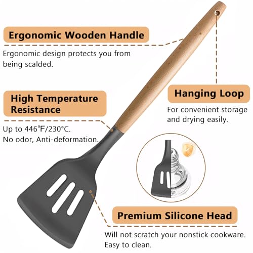 Kitchen Cooking Utensils Set, 6Pcs Silicone Kitchen Utensils Set Spatula Spoon Soup Ladle Turner, Heat Resistant Wooden Handle Silicone Cooking Gadgets for Nonstick Cookware & Baking BPA FREE - color: Gray, size: Standard 6-Piece Set
