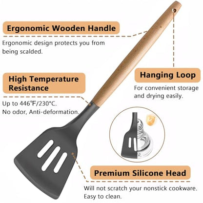 Kitchen Cooking Utensils Set, 6Pcs Silicone Kitchen Utensils Set Spatula Spoon Soup Ladle Turner, Heat Resistant Wooden Handle Silicone Cooking Gadgets for Nonstick Cookware & Baking BPA FREE - color: Gray, size: Standard 6-Piece Set