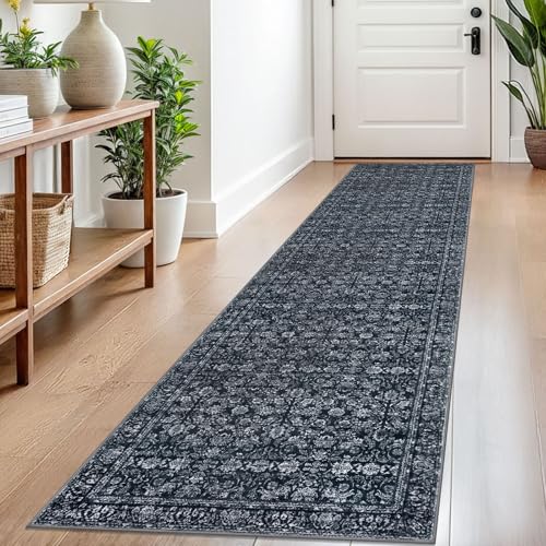 SIILOOM 2x8 Washable Runner Rug, Non Slip Soft Area Rug for Hallway Kitchen | Black Boho Vintage Spill & Stain Resistant Low Pile Carpet for Entryway Office Laundry, Easy Clean - color: Black, size: 2' x 8' (Runner)