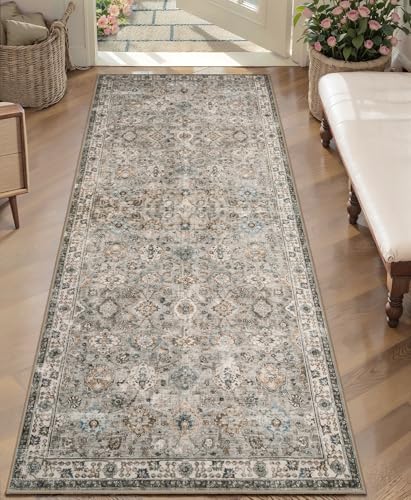 Tangsoo 2x5 Washable Runner Rug for Hallway,Non Slip Boho Beige Rug Runner | Vintage Floral Carpet Runner for Kitchen Entryway,Distressed Grey Runner Soft Low Pile Gray Mat for Bedroom Bathroom Laundry - color: Distressed Beige Grey, size: 2' X 5' (Runner