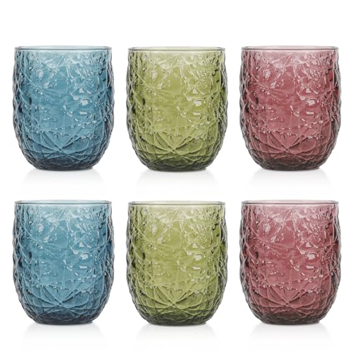 Colored Glasses Drinking Set of 6, 12oz Vintage Drinking Glasses, Embossed Glass Cups, Water Tumbler for Cocktail, Various Mixed Drinks (Lce Cracks 6PCS) - color: Lce Cracks 6PCS