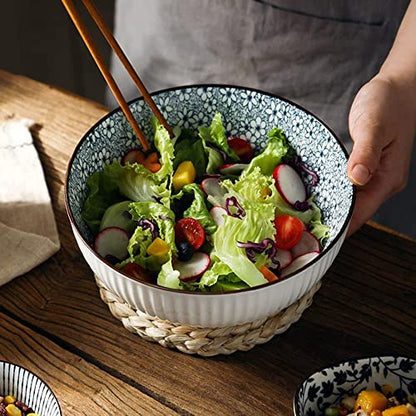 Houlu 60 oz Pho Bowls, Large Soup Bowl, Japanese Ramen Bowl Set, 8 inches Big Porcelain Bowls Set of 3, Wave Pattern - color: Floral Pattern