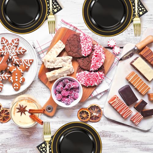 Black and Gold Dessert Plates Set, 100 Plates, Forks and Cocktail Napkins | Sturdy plastic, cake service, appetizer tables, salad course, weddings, graduations, easy cleanup - color: Black, style: Plates,Forks and Napkins