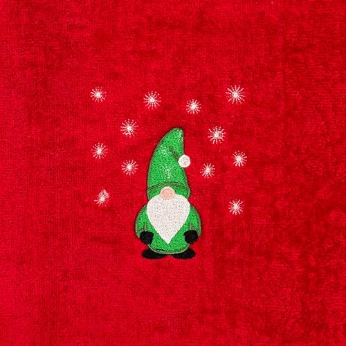 Holiday Christmas Guest Hand Towels: Festive Embroidered Gnome Country Farmhouse Red Terrycloth Towels with Winter Theme, 2 pc, 16 x 25 - color: Green Gnome on Red