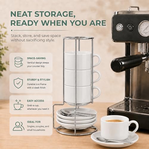 3 Ounce Espresso Cups Set of 4, White | Stackable Demitasse Mugs, Includes Display Stand, Cups Saucers, and Spoons, for Machines & Home Use - color: White