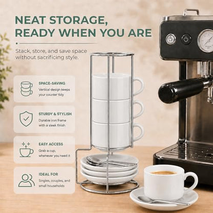3 Ounce Espresso Cups Set of 4, White | Stackable Demitasse Mugs, Includes Display Stand, Cups Saucers, and Spoons, for Machines & Home Use - color: White