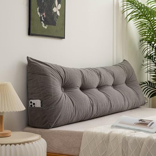 Triangular Headboard Pillow Twin XL for Dorm Bed Sitting Resting | Bed Wedge Pillows for Headboard Gap ,Long Bolster Cushion for Daybed ,with Side Pockets,Grey,39*4.7*15.7in - color: Grey, size: Twin：39in*4.7in*15.7in