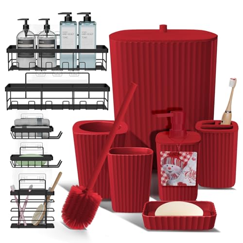 Clara Clark Bathroom Set - Christmas Bathroom Accessories Set, 11PC Bathroom Accessory Set, Christmas Bathroom Sets with Adhesive Corner Shower Caddy Hanging, Toilet Brush, Trash Can & Soap Dispenser - color: Christmas, size: Complete Set + Shower Caddy