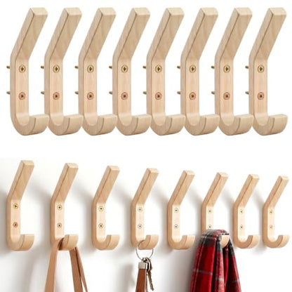 8 Pack Wooden Coat Hooks for Wall, Natural Oak Wood Wall Hooks, Heavy Duty Hat Hanger Hook, J-Shape Double Pegs for Hanging Coats, Towels, Bags, Scarves, Rustic Farmhouse Decor