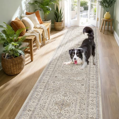 2x10 Washable Hallway Runner Rug - Non-Slip Vintage Kitchen Rugs Beige Gray | Low Pile Thin Long Carpet for Entryway Soft Pet-Friendly Indoor Floor Mat for Bedroom Bathroom Laundry Home Decor - color: Beige/Gray, size: 2' x 10' (Rectangular)