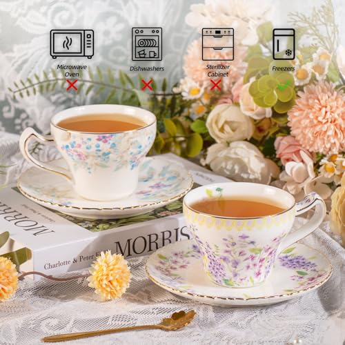 KAMMAK Tea Cups and Saucers Set of 2, 7.4 oz Porcelain Coffee Cups, 573N | Stackable Espresso Mugs, Ceramic Demitasse for Coffee, Cappuccino, Latte, Americano, Tea - size: 7KPSP573N+574N