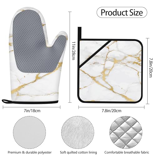 Oven Mitts and Pot Holders Sets White Gold Marble Kitchen Accessories of 4 Heat Resistant Oven Gloves Hot Pads with Non-Slip Silicone Surface for Chef Cooking Baking - color: White Gold