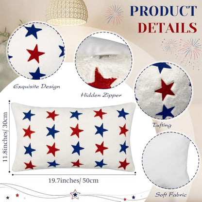 Tiamon 4 Pcs Patriotic 4th of July Throw Pillow Covers 11.8 x 19.7 Inch Red White Blue Stars Plush 3D Embroidered Pillow Cases USA Flag Independence Veteran's Day Cushion Covers for Bed Sofa Couch - style: Patriotic Rectangle