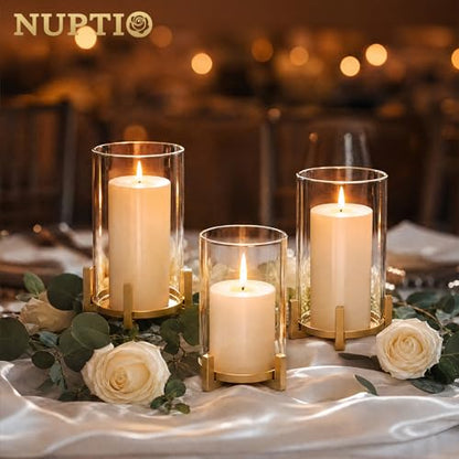NUPTIO Gold Pillar Candle Holder: Hurricane Glass Candle Stands with Sleeve | Set of 3 Brass Decor with Clear Cover for Thanksgiving Christmas Fireplace Table Centerpiece