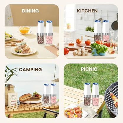 Battery Gravity Salt Pepper Grinder Set, 2 Pack (White) | Gravity Automatic Grinder With LED Light & Adjustable Roughness, Each Requires 6 AAA Batteries For Kitchen Daily Seasoning - color: Battery/Set/White