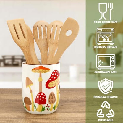 Nefelibata Mushroom Ceramic Utensil Holder Rustic Functional Utensil Crock | Kitchen Storage Decor Perfect for Storing Cooking Tools and Cutlery Keep Organized Large Crock for Countertops