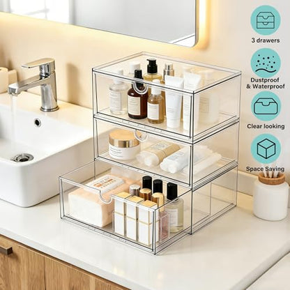 Prsildan Acrylic Makeup Organizer, 3 Pack Stackable Clear Storage Drawers for Baby Bottles Desk Organizers with 3 Drawers for Countertop Vanity Nursery Modular System for Cosmetics Jewelry - size: Stackable-3Drawers