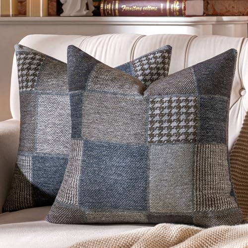 Set of 2 Throw Pillow Covers Woolen Patchwork Checkered Farmhouse Decorative Square Pillows Cover Pillowcase for Sofa Couch Bed 18 x 18-Inch Coffee - color: Coffee, size: 18" x 18" (Pack of 2)