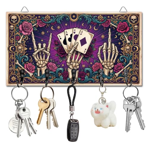 Gothic Style Skull Hand Key Holder Divination Key Hooks Organizer Hanger Playing Cards Wall Mounted Wooden Key Rack with 5 Key Hooks for Home Entryway Front Door Kitchen Hallway Bedroom - color: Skull hand
