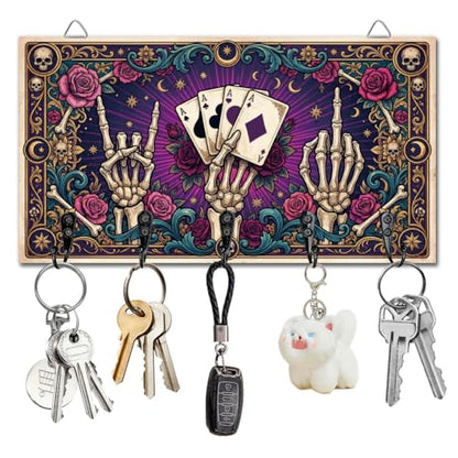 Gothic Style Skull Hand Key Holder Divination Key Hooks Organizer Hanger Playing Cards Wall Mounted Wooden Key Rack with 5 Key Hooks for Home Entryway Front Door Kitchen Hallway Bedroom - color: Skull hand