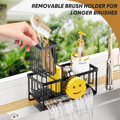 Sponge Holder for Kitchen Sink,Smiley Face Sink Caddy with Removable Brush Holder,Self-Draining Sponge Caddy for Sponge,Soap,Dish Brush,Scrubber,Kitchen Essentials and Gadgets - color: 1 Tier Black