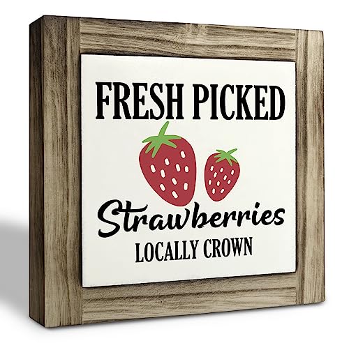 Strawberries Wood Plaque Sign - Fresh Picked Strawberries, Box Wood Plaques Desk Decoration, Rustic Tabletop Decor for Summer & Farmhouse Home Bar - color: Summer Sign 10