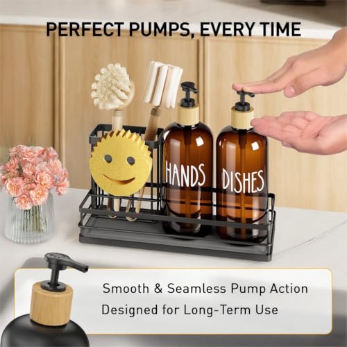 Moforoco Kitchen Dish Soap Dispenser Set, 16OZ Glass Bottle, Hand and Dish Soap Dispenser Set, Instant Dry Tray, Brush Holder with Smiley Face Sponge Holder (Black Tray+Amber Bottle) - color: Black Tray+amber Bottle