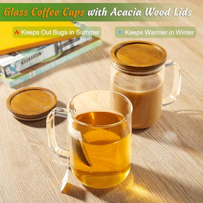 DRASTAR Glass Coffee Mugs, 20 oz Clear Coffee Cups, Coffee Mug with Acacia Wood Lid, Tea Glass Cups with Handles, Large Coffee Mug Set of 2, Glass Coffee Cups for Latte, Espresso, Tea - size: 20 oz