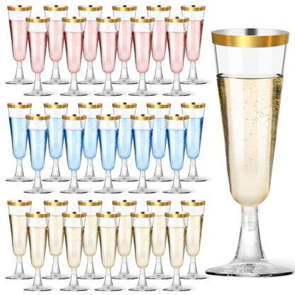 200 Pack Plastic Champagne Flutes with Gold Rim, 5.5 Oz Clear Disposable Plastic Champagne Glasses, Wine Glasses Cups for Wedding Celebration Birthday Party Wine Tasting New Years Eve Party Supplies - color: Gold Rim, size: 200-Pack