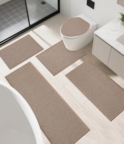 Thin Bath Mat Khaki Bathroom Rugs Sets 5 Pieces, Non Slip Absorbent Bath Mats Quick Dry, Woven Braided Rugs Washable, Rubber Tapetes para Baño for Bathroom Toliet,Bathtub - color: Khaki, size: 5Pieces