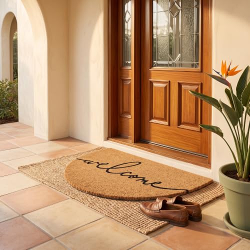 Half-Moon Welcome Doormat | 100% Natural Coir | Modern Script, Anti-Slip Backing | Semicircle Outdoor Front Door Mat - color: Warm Greeting - Arc