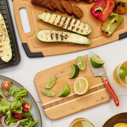 Totally Bamboo Barbados Small Bamboo Cutting Board, 9 x 6.5 Inches | Small cutting board for fruit, vegetables, garnishes, and sandwiches. End-grain bamboo inlay adds standout style. - size: 9"L x 6.5"W