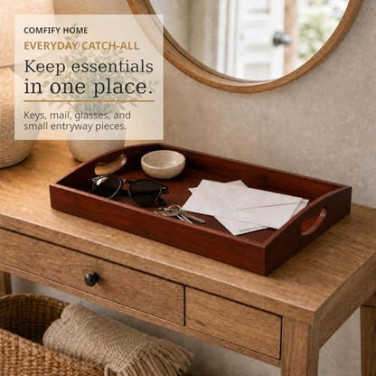 Comfify Dark Brown Bamboo Serving Trays Set of 3 – Nesting Ottoman Trays | Dark-stained bamboo with walnut tones; cutout handles; for coffee table, bar and bedroom dresser; S: 12", M: 14.5", L: 16.25" - color: Dark Brown