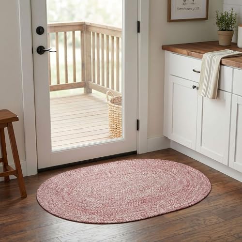 Super Area Rugs Farmhouse Braided Rug Cotton Kitchen Reversible Carpet, Red & White, 2' X 3' Oval - color: Red & White, size: 2' x 3' (Oval)