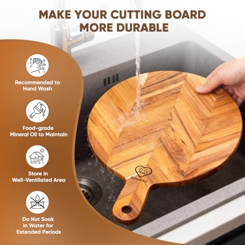 Teak Cutting Board 15.75x11.8x0.7" Round Wooden Cutting Board with Handle