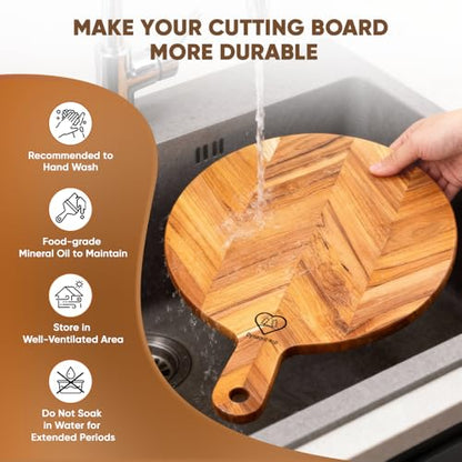 Teak Cutting Board 15.75x11.8x0.7" Round Wooden Cutting Board with Handle
