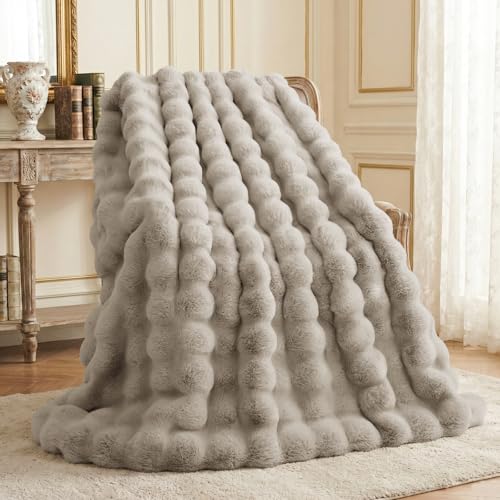 L'AGRATY Faux Rabbit Fur Throw Blanket for Couch, 50'' x 60'', Castle Grey | Soft Cozy Bubble Fluffy Blanket for Sofa Bed, Thick Warm Plush Fuzzy Throw for Room Home Decor, Luxury Gift for Women Mom - color: Castle Grey, size: 50" x 60"